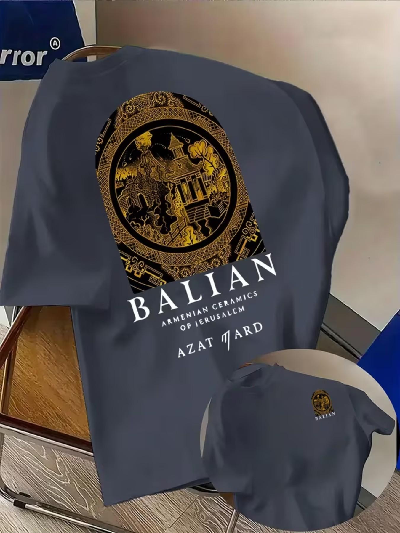 Men's Fashion T-Shirt with Creative Armenian Ceramics Print, Geometric Pattern, Loose-Fit, Casual Summer Top, All Seasons