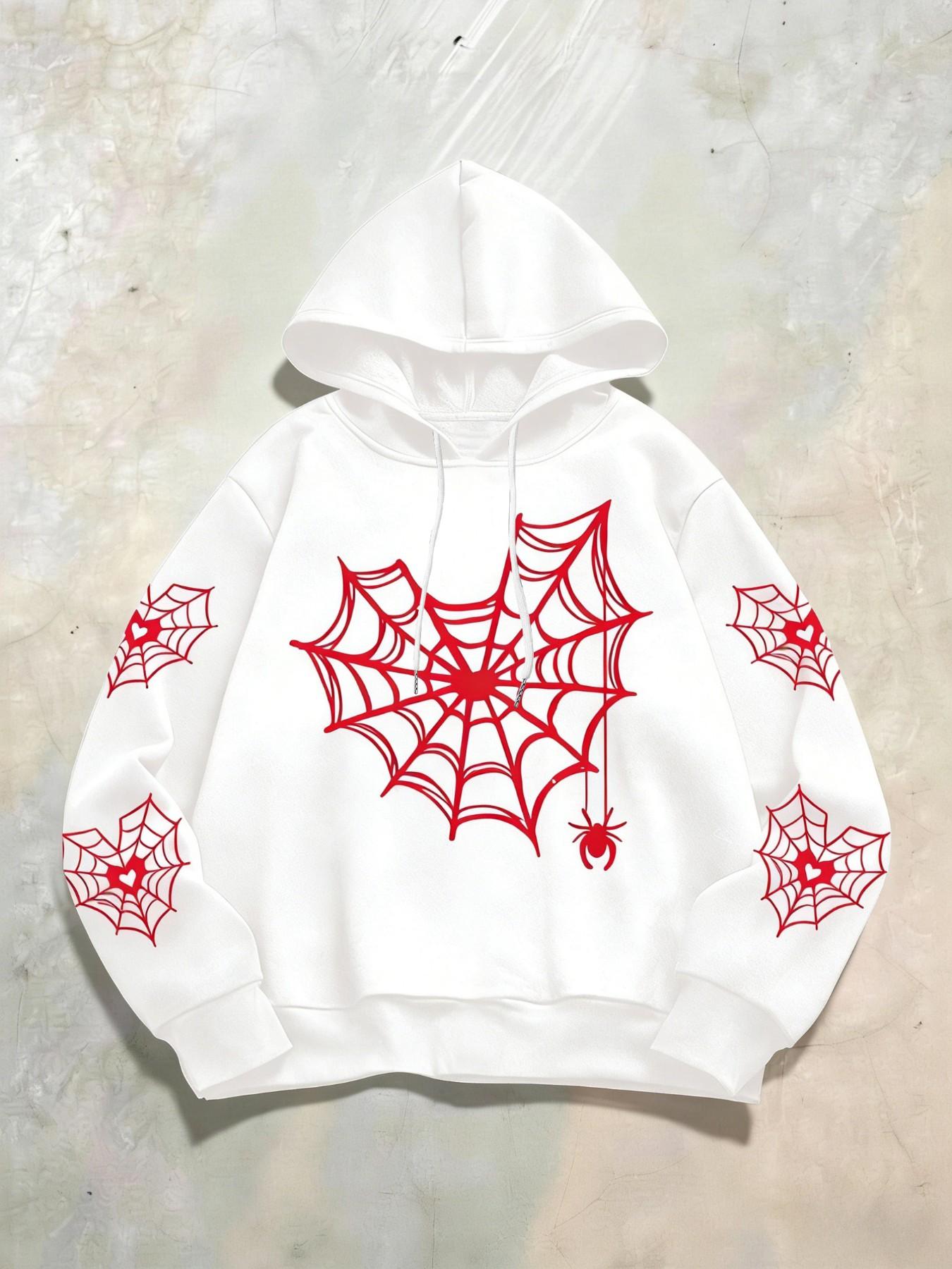 Unisex Street Style Spider Web Print Hoodie, Fitted Casual Versatile Sweatshirt for Daily Wear, Perfect for Holiday