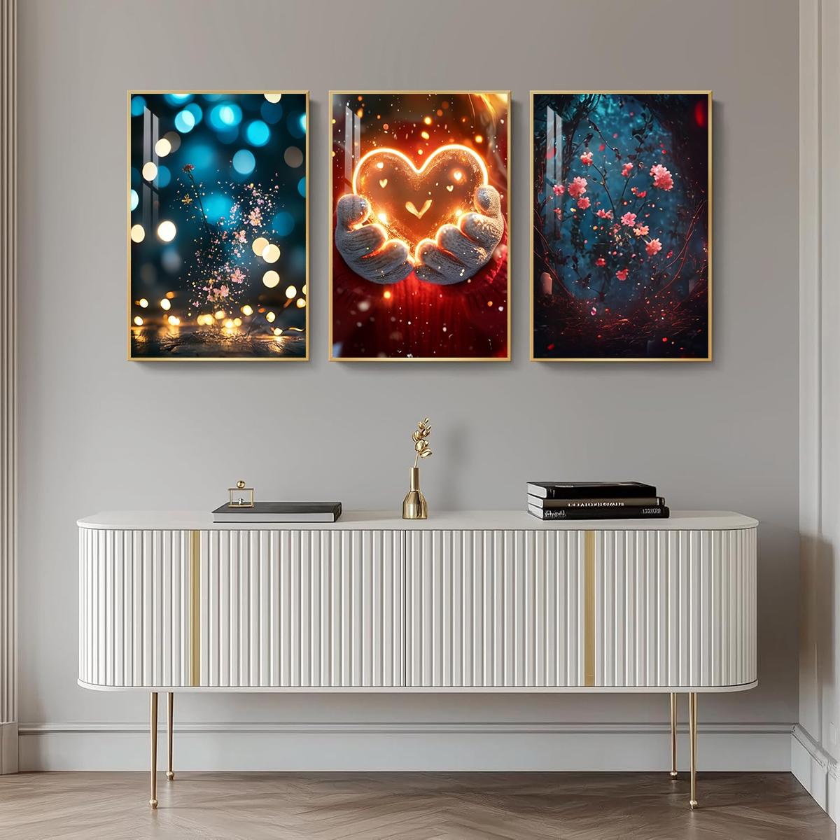 3 Counts Aluminum Alloy Framed Painting, Glowing Heart And Blooming Flowers Pictures, Home Decoration For Living Room, Bedroom, Office, Restaurant, Hallway Wall Decor, Odorless Print Artwork, Luxury Perfect Gift For Friends And Family
