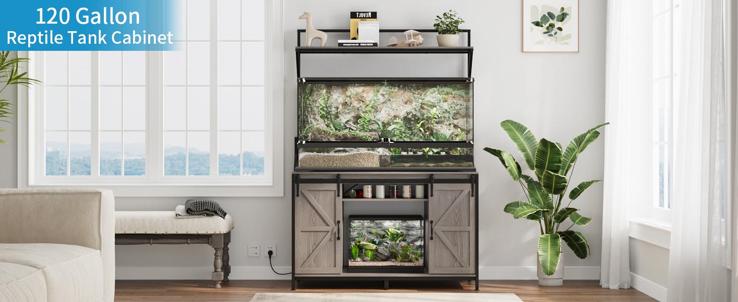 VOWNER Farmhouse Reptile Tank Stand with Power Outlet, 48" X 24" Tabletop Fits up to 120 Gallon Bearded Dragon Tank, Heavy Duty Aquarium Stand with Storage Cabinet, Reptile Turtle Terrarium Stand