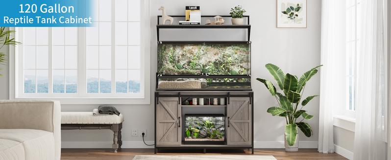 VOWNER Farmhouse Reptile Tank Stand with Power Outlet, 48" X 24" Tabletop Fits up to 120 Gallon Bearded Dragon Tank, Heavy Duty Aquarium Stand with Storage Cabinet, Reptile Turtle Terrarium Stand