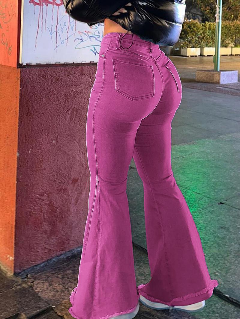 Women's Bell Bottom Flare Jeans Mid Rise Denim Pants Destroyed Raw Hem Denim Pants