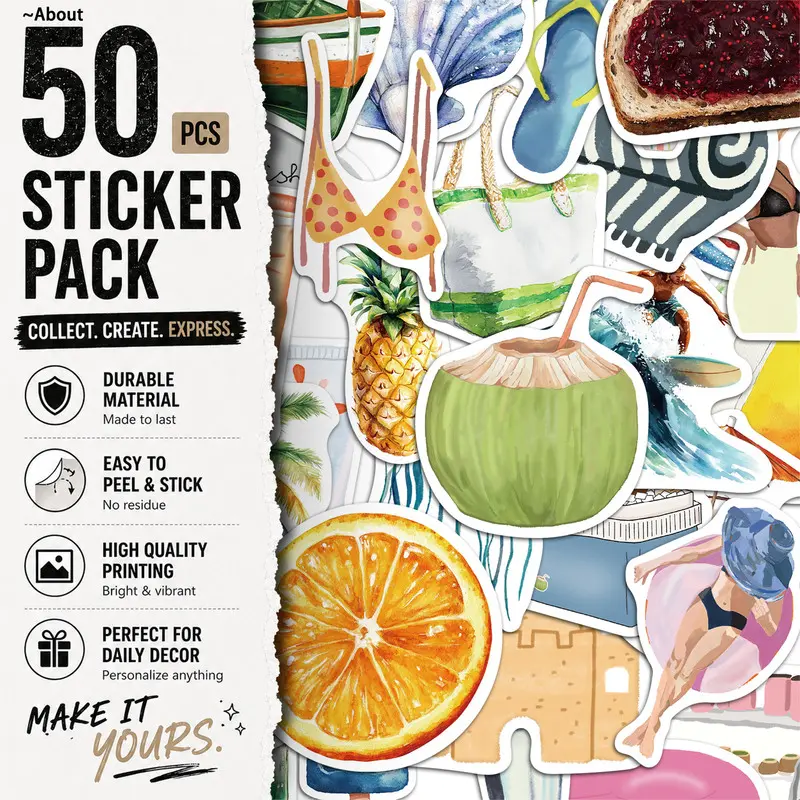 50PCS Boat Beach Pool Day Aesthetic Vinyl Stickers Pack for Laptop Water Bottle Phone Case Skateboard Journal Scrapbook DIY Decoration