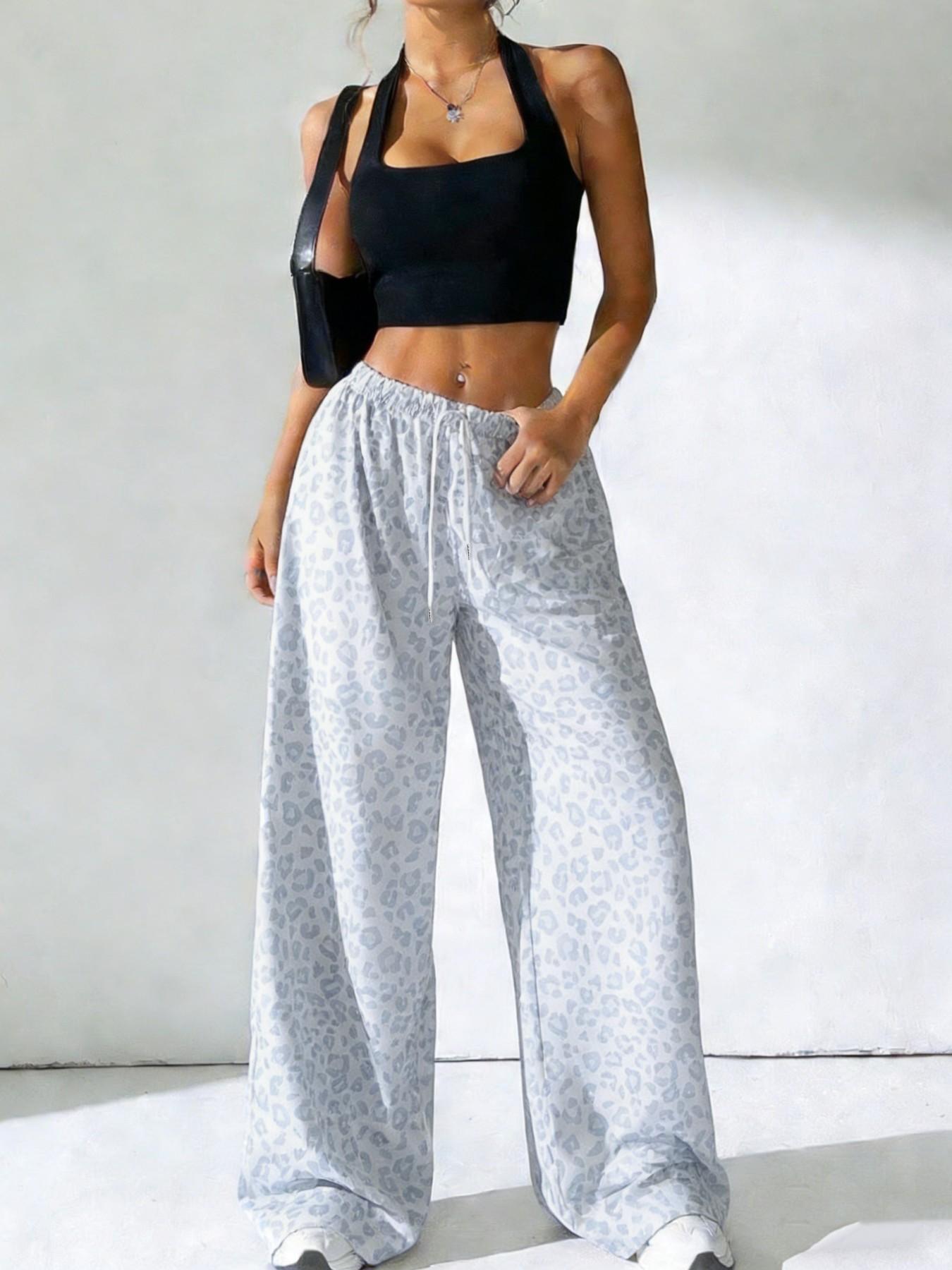 Women's Leopard Print Loose Long Pants, Casual Fashion, Drawstring Waist, All Seasons, Wide Leg, Perfect for Spring Summer Fall, Casual Lounge Pants