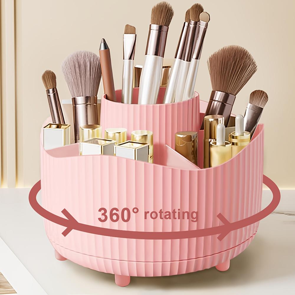 360 Degree Rotating Makeup Organizer Box, 5 Grids Plastic Cosmetic Storage Rack, Luxury Stripe Design, Portable Brush Holder, Accents, Beauty Organizer