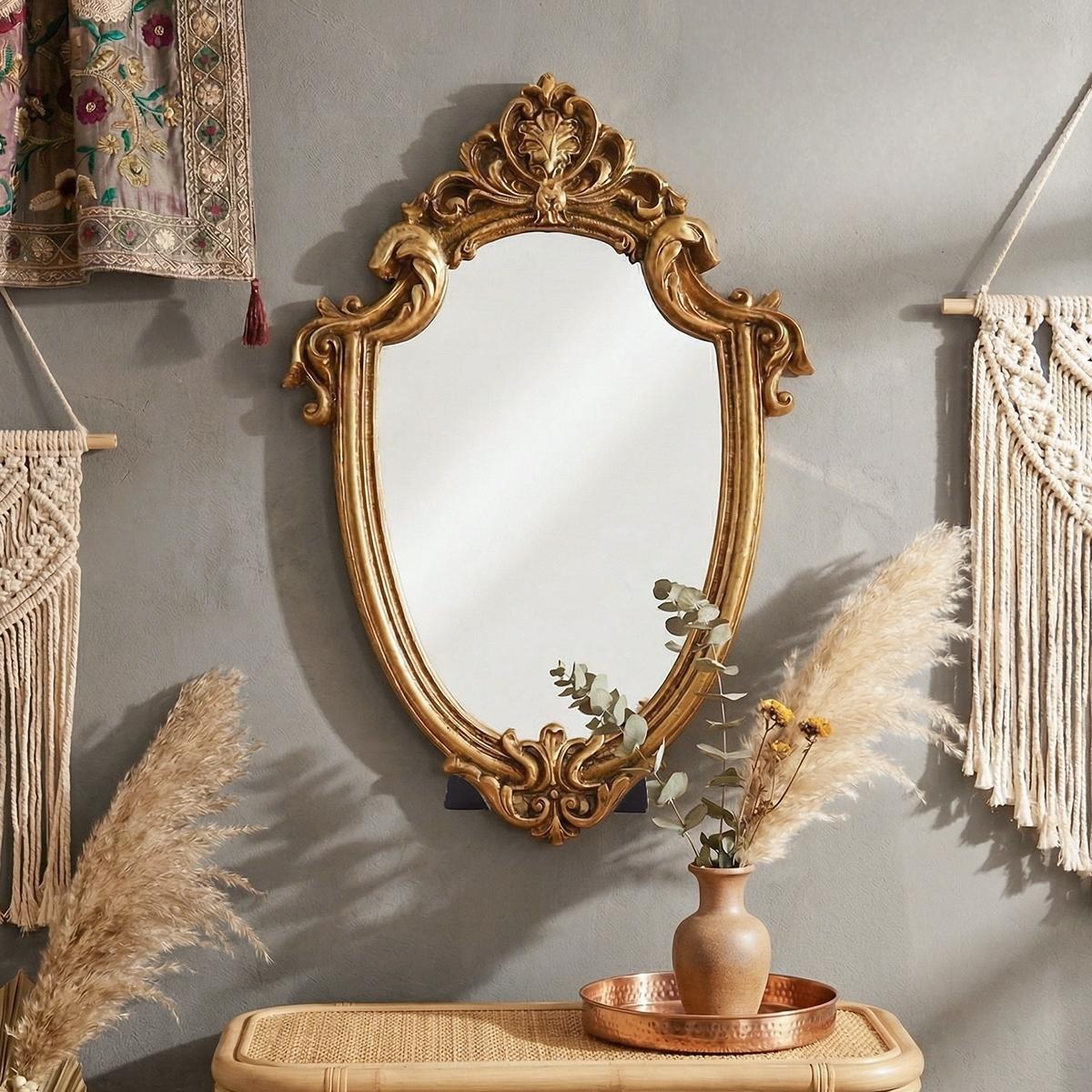 European Classical Gold Pattern Mirror Decorative Ornament, Wall-Mounted or Tabletop, Home Wall Decoration, Vanity Mirror