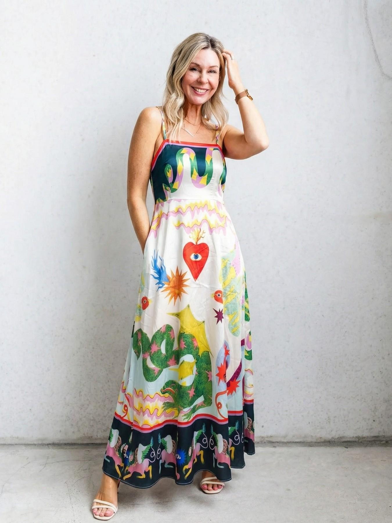 Women's All Over Print Cami Dress, Boho Casual Sleeveless Spaghetti Strap Dress for Beach Holiday Vacation, Ladies Spring & Fall Clothes