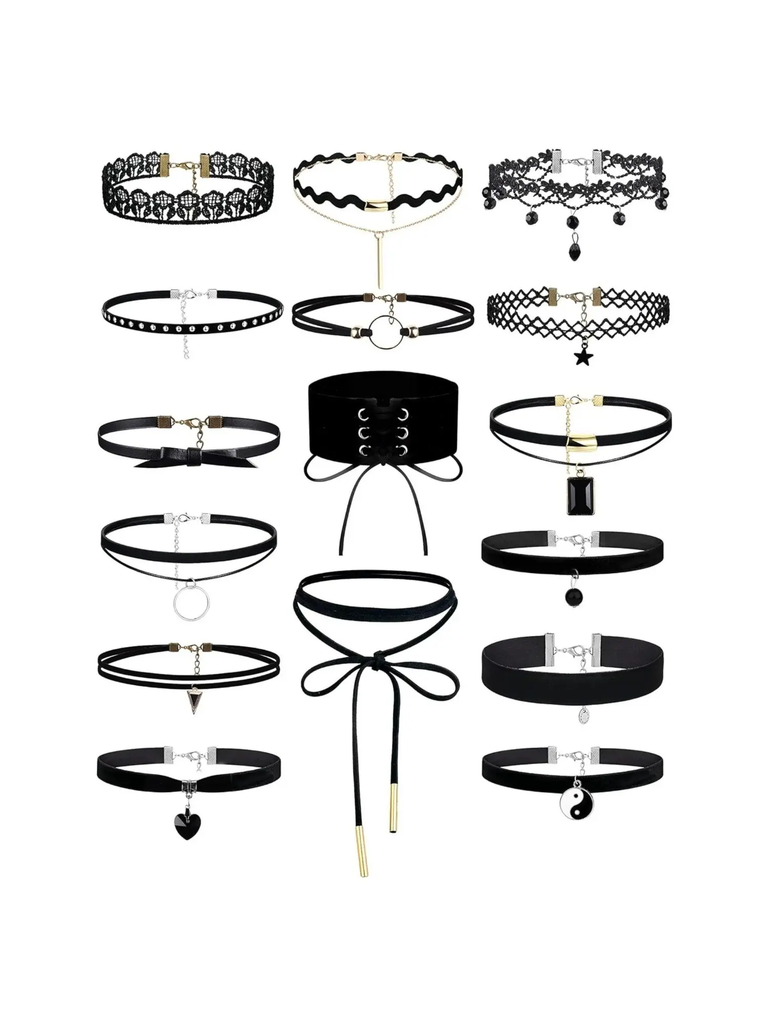 Fashionable 17 Pcs Black Lace Chokers Necklaces Trendy Gothic Collar Alloy Leather Chokers for Women Men Black Lace Velvet Necklace Set Heart Style Choker, Love Heart Necklace, Heart Shaped Choker, Chain Choker