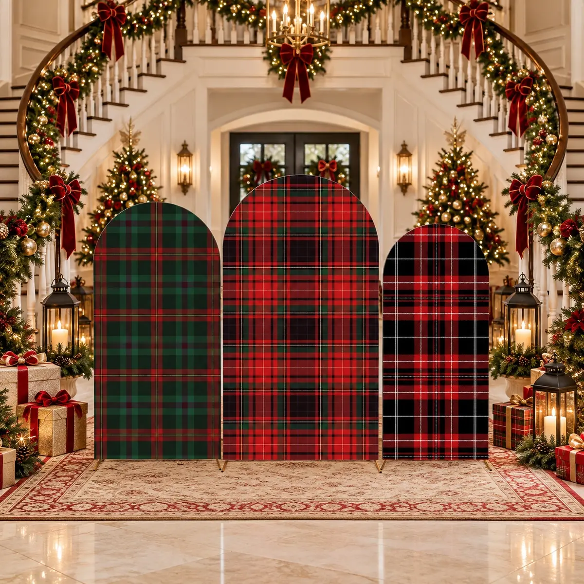 3Pcs Tartan Plaid Arch Backdrop Cover Set, Vintage Buffalo Check Arched Fabric Background, Wrinkle Resistant Reusable Arch Cover for Wedding, Bridal Shower, Birthday, Christmas & Rustic Party Photoshoot Decor