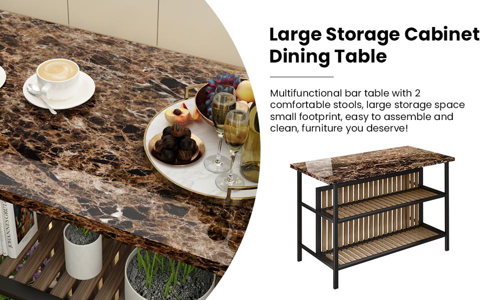 AWQM 3-Piece Kitchen Island Set with Storage, Faux Marble Dining Table & Chairs for 2, Small Space, White/Brown/Walnut