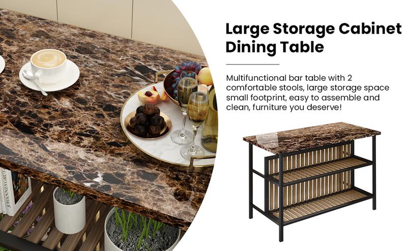 AWQM 3-Piece Kitchen Island Set with Storage, Faux Marble Dining Table & Chairs for 2, Small Space, White/Brown/Walnut