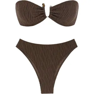 Women's Strapless Ribbed V Wired Lace Up Ruffle Tie High Cut Bandeau Swimsuits Bikini Set