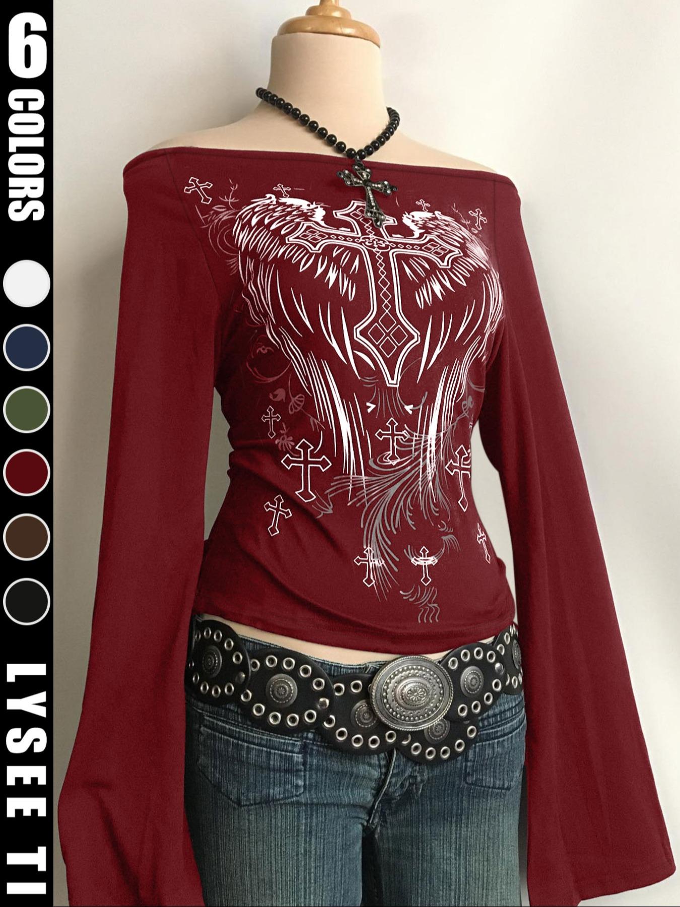 Halloween Fashion Y2K Women's Top, Cross Print One-Shoulder Bell Sleeve, Long Sleeve Fitted Top for Fall & Winter, Casual Wear