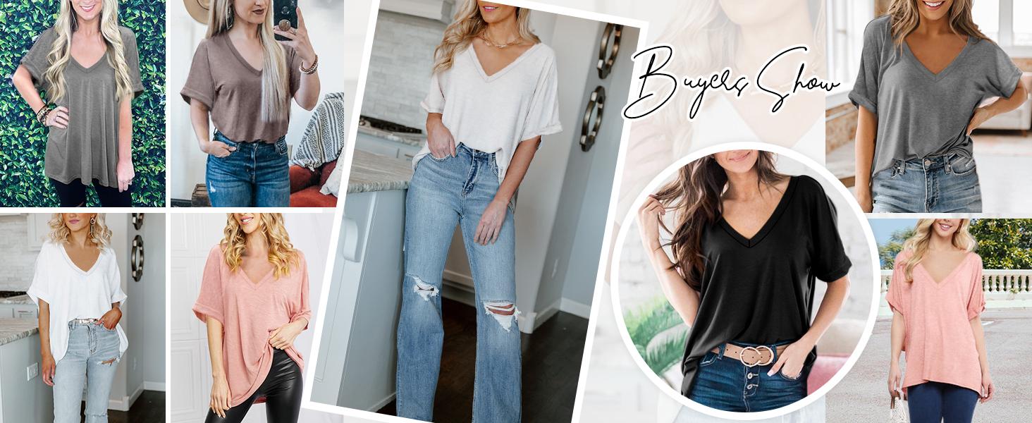 PiePieBuy Women's Summer Essential Oversized Tee V Neck Short Sleeve Relaxed Fit T-Shirt Casual  oversized tshirt women Basic Comfortable Womenswear shirts women Skirt Light Batwing Elastic shirts women casual outfits women