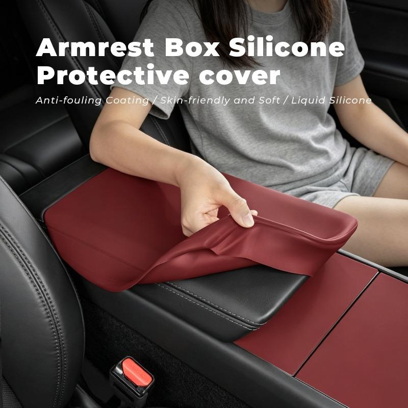 Custom Fit Molded Square Silicone Center Console Cover - Painted Clip-On Flip Top Protector for Tesla Model 3 Highland, Model Y Juniper, Durable, Anti-Scratch, Water Resistant Car Armrest Storage Accessory for Effective Interior Protection