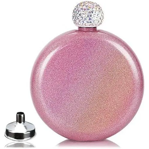 Cute Liquor Flask for Women, 304 Stainless Steel,Pretty Glitter Coating Whiskey Flasks,Shining Rhinestone Cap,Portable Wine Flask for Drink Bar BBQS and Traveling,Capacity 5 oz