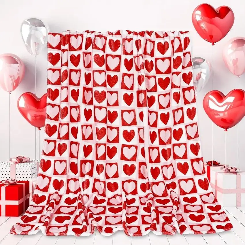 Valentine's Day Throw Blanket - Red & Pink Heart Plaid Fuzzy Soft Flannel Decorative Cozy Blanket for Bed, Sofa, Couch & Home Gift
