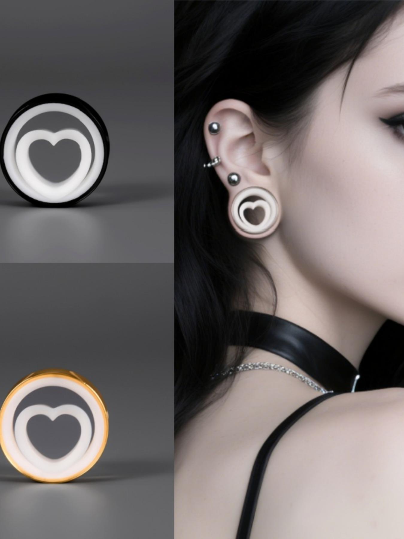 2pcs Y2K Heart Ear Gauges, Boho Style, Stainless Steel, Colorblock, Daily Wear, All Seasons, Best Gift for Pierced Babe