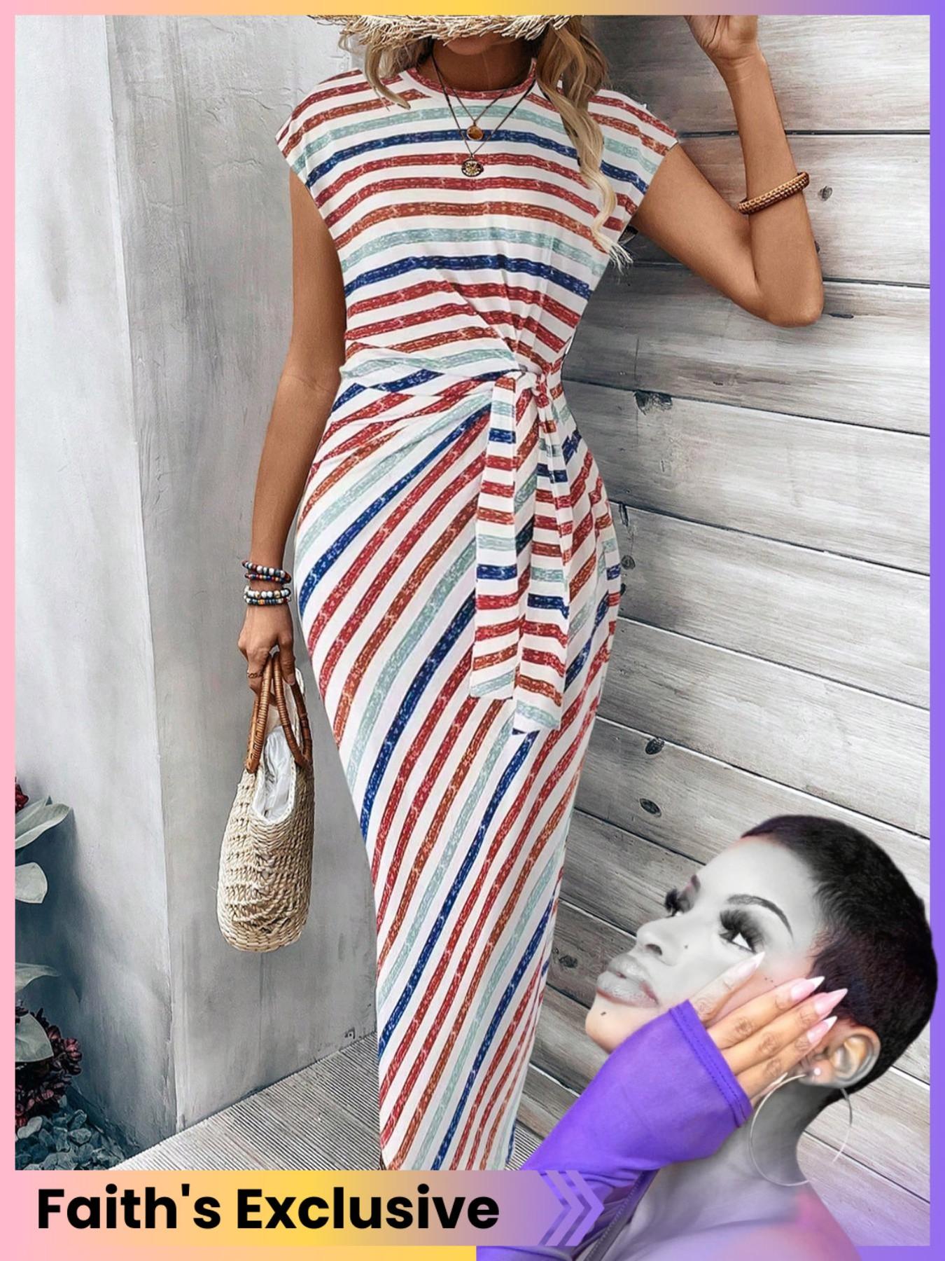 Women's Striped Print Knot Bodycon Dress, Summer Outfits 2024, Elegant Drop Shoulder Short Sleeve Long Dress for Summer, Sundress Maxi Dress, Frenchy Style Ladies Clothes for Beach Holiday