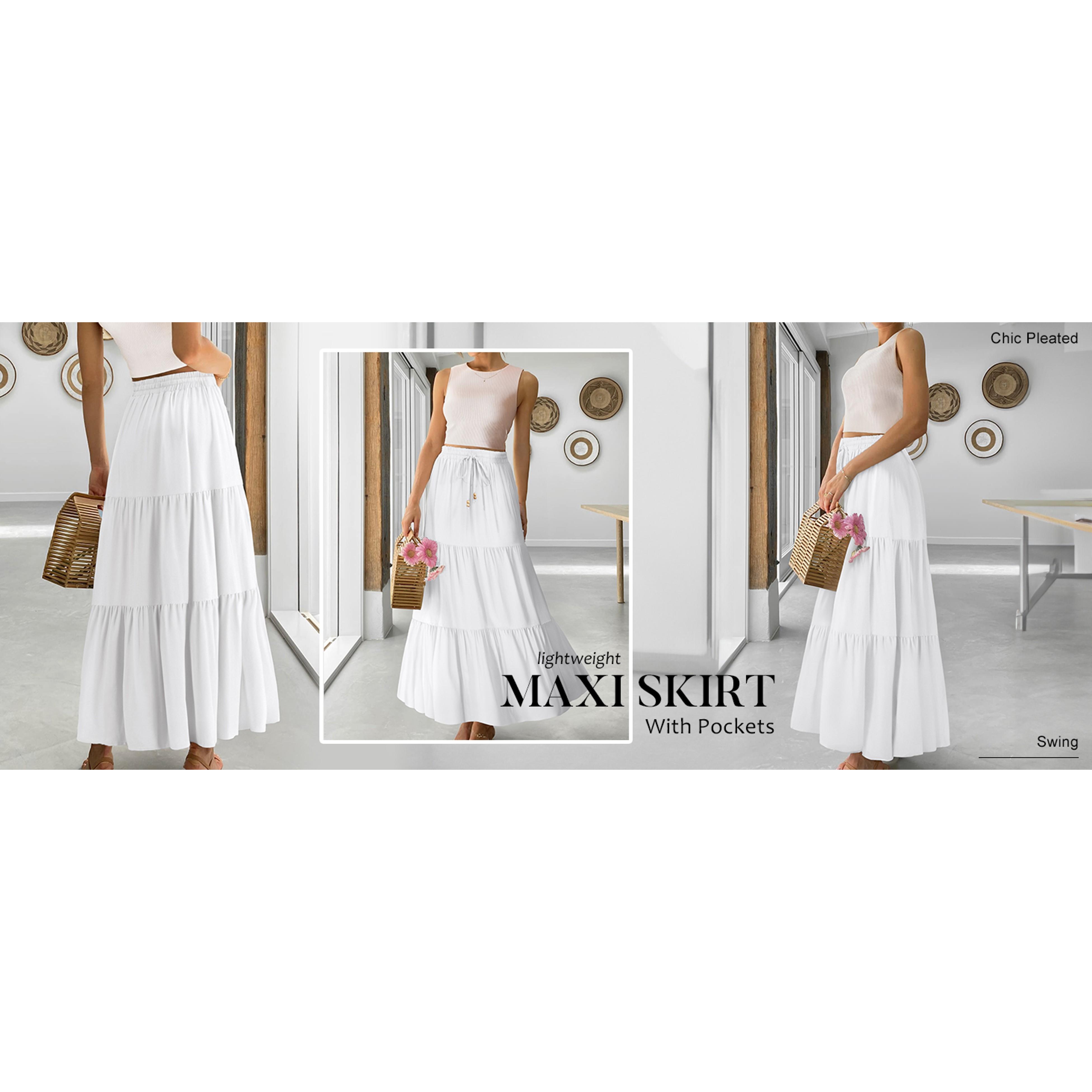 Women's Summer Boho Maxi Skirt A-Line Flowy Ruffle Tiered Elastic High Waist Beach Long Skirts with PocketsGift