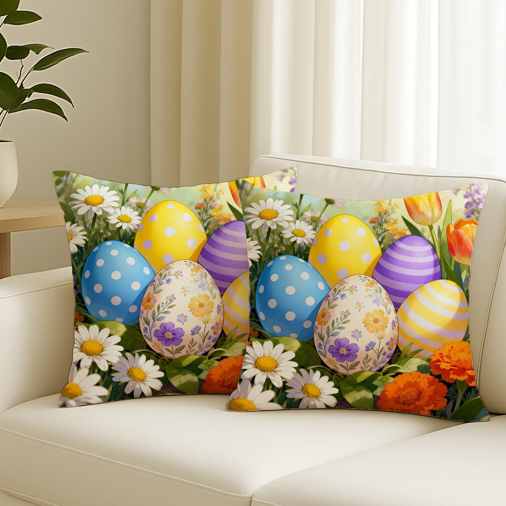 Jit 2pcs 2D Flat Easter Eggs Throw Pillow Covers, Spring Festive Daisies Tulips Design, Soft Velvet Material, Washable Cushion Cover