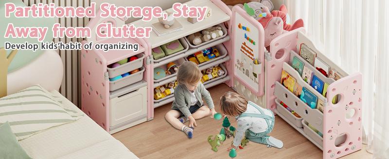 Kids Toy Storage Organizer with 10 Removable Bins, Foldable Toy Organizers and Storage with 3-Tier Bookshelf for Kids Toy Storage Organizer with Drawing Board, Extra 3 Brushes Organizing Room