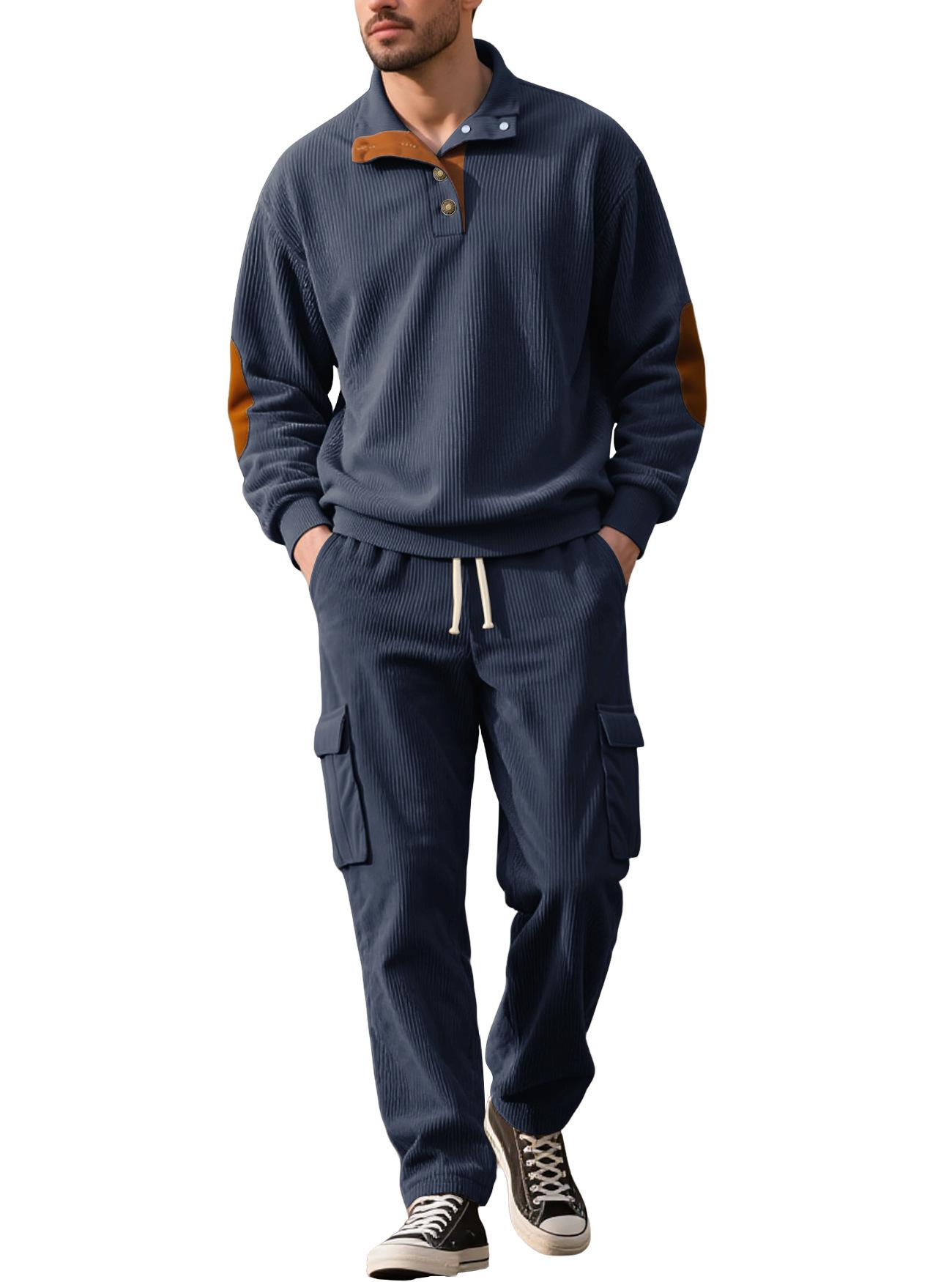 Men's Casual Sporty Corduroy Two-Piece Set (Long-Sleeve Collared Top & Loose-Fit Utility Pants) – Euro-American Style