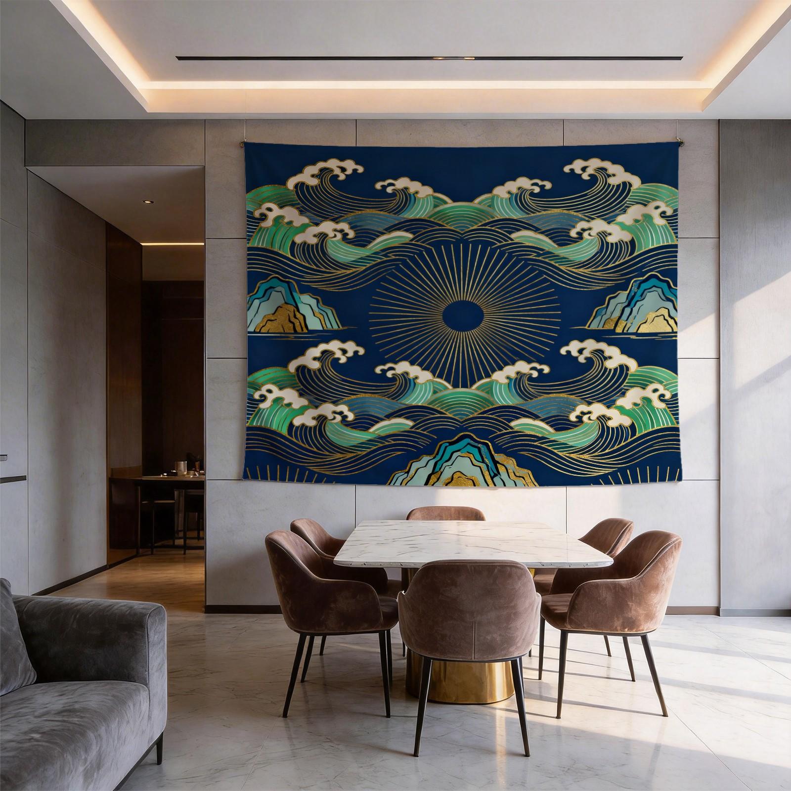 1 Piece Japanese Wave Sun Tapestry, Navy Blue Gold Foil Great Wave HD Digital Print Wall Hanging, Boho Polyester Tapestry, Lightweight Fade-Resistant, Easy to Hang for Bedroom, Living Room & Dorm