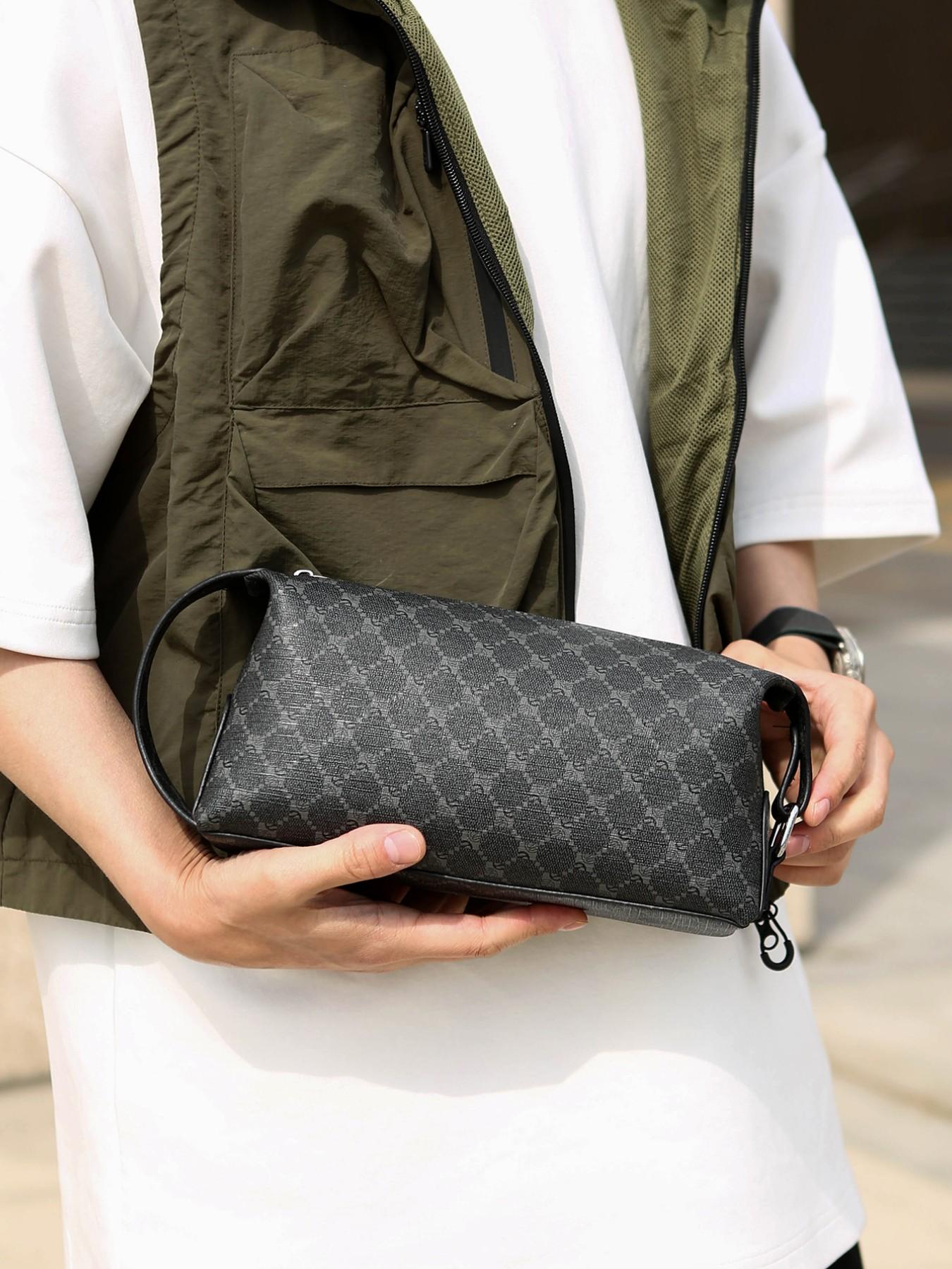 Men's Vintage Monogram Toiletry Bag, Large Capacity PU Leather Travel Dopp Kit, Portable Cosmetic Organizer with Handle for Daily Use