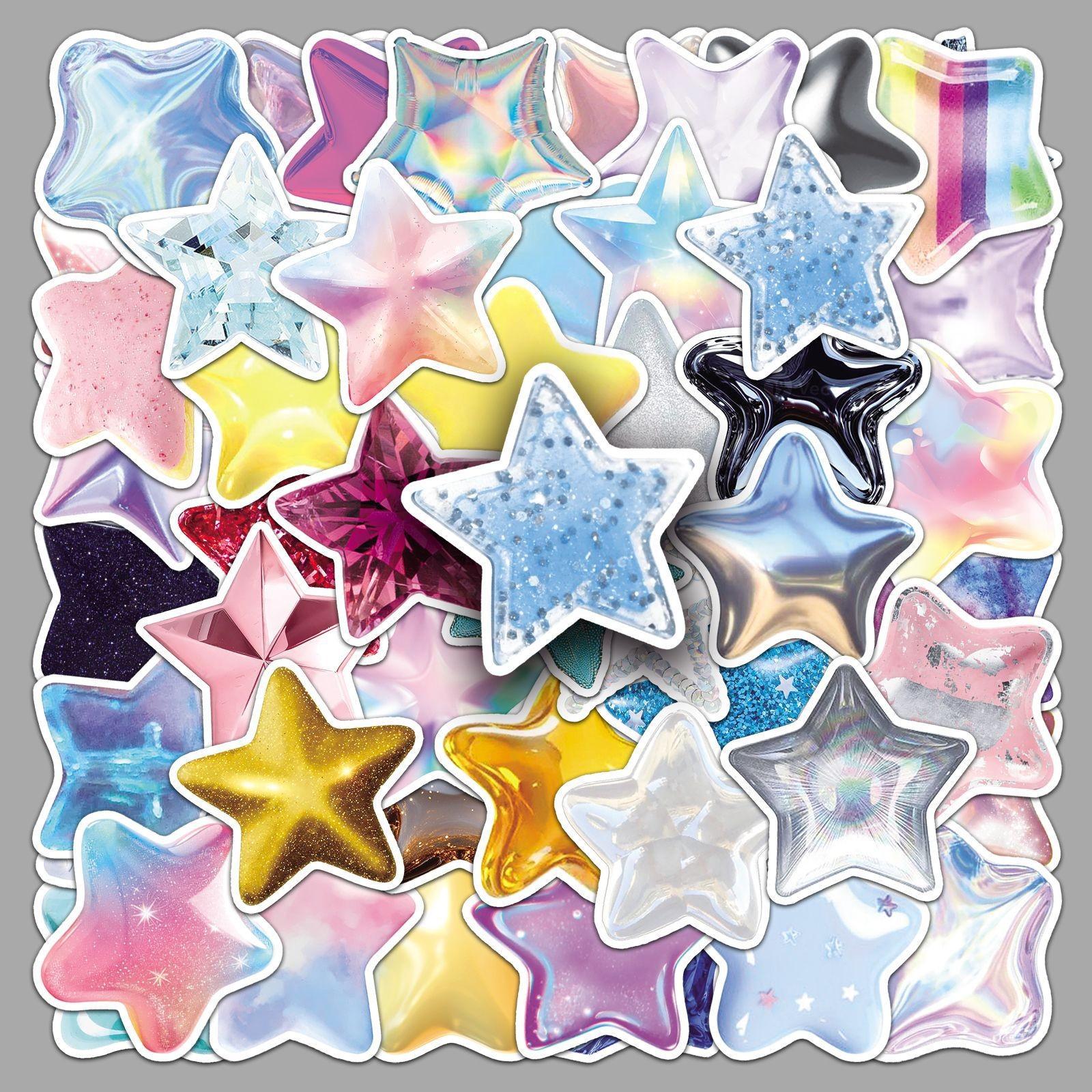 50pcs 3D Star Stickers, Holographic Glitter Star Waterproof Vinyl Decals, Cute Aesthetic Stickers for Laptop, Water Bottle, Luggage, DIY Scrapbook, Journal