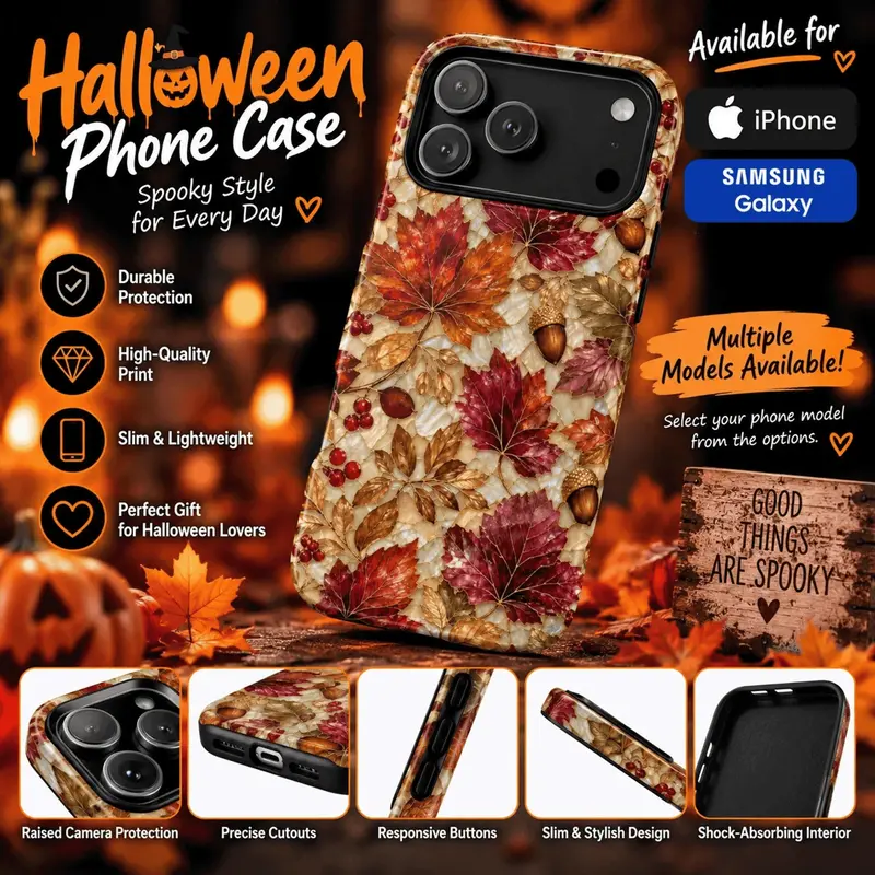 High-Quality Print Faux Stained Glass Protective Cellphone Casing - Fall Leaves, Autumn Woodland, Cottagecore Acorn Design - Thanksgiving Nature Gift for Smartphones, Mobile Phone Accessories