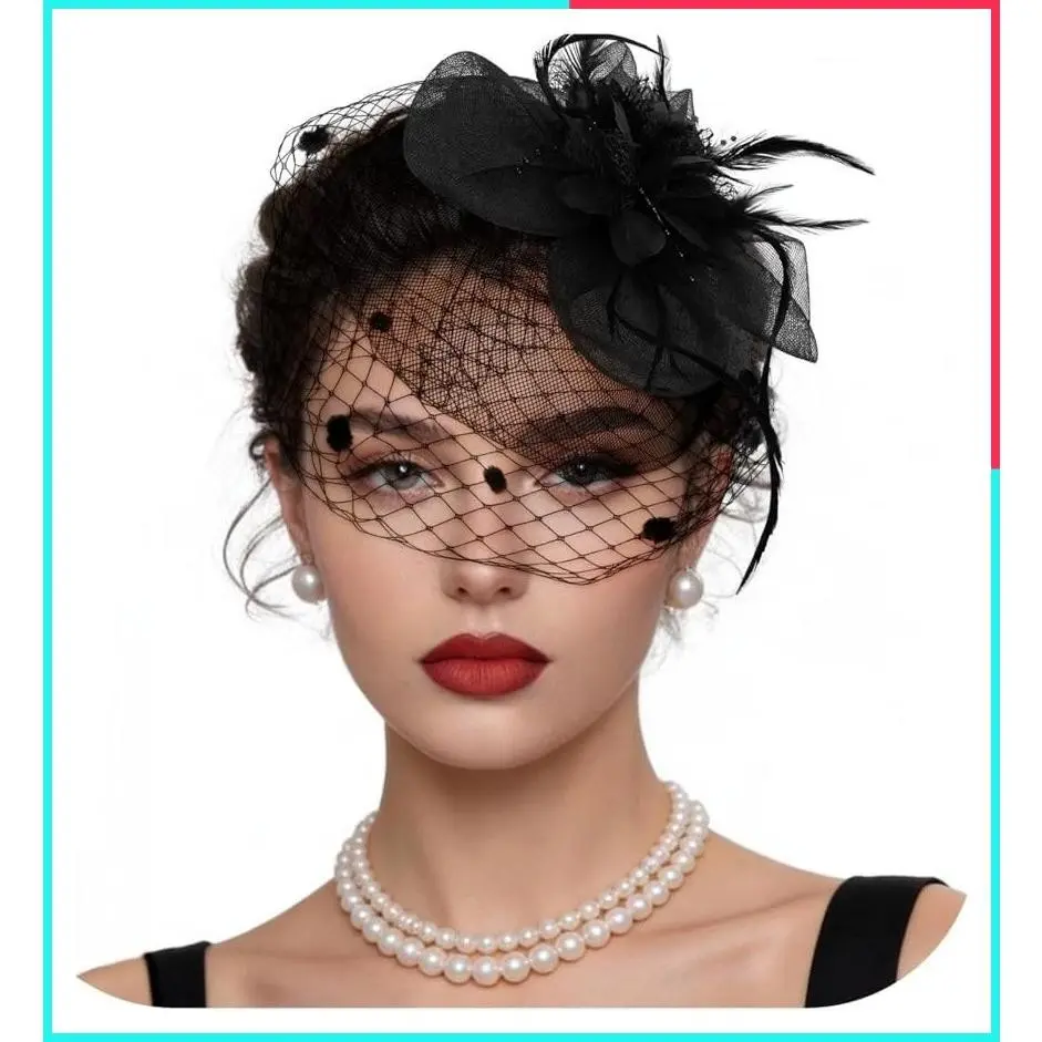Women's Fascinator Hat with Floral Feathers and Mesh Lace Veil, Headband & Hair Clip for Tea Party, Wedding, Church, Cocktail