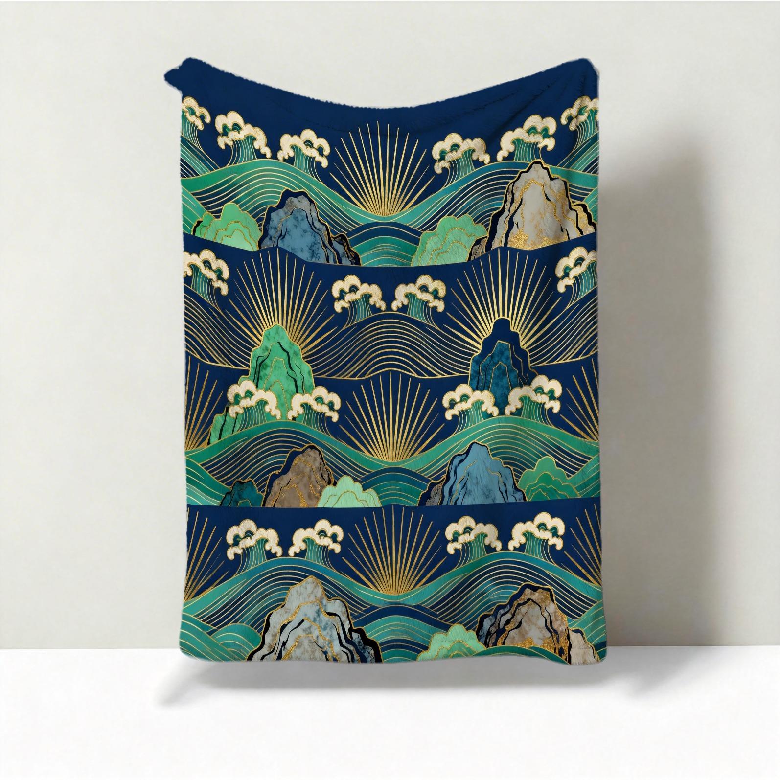 1 Piece Japanese Wave Sun Blanket, Navy Blue Gold Foil Great Wave HD Digital Single-Sided Print Flannel Throw Blanket, Super Soft Plush Warm Blanket for Couch Bed Travel, Multipurpose Cozy Gift Blanket