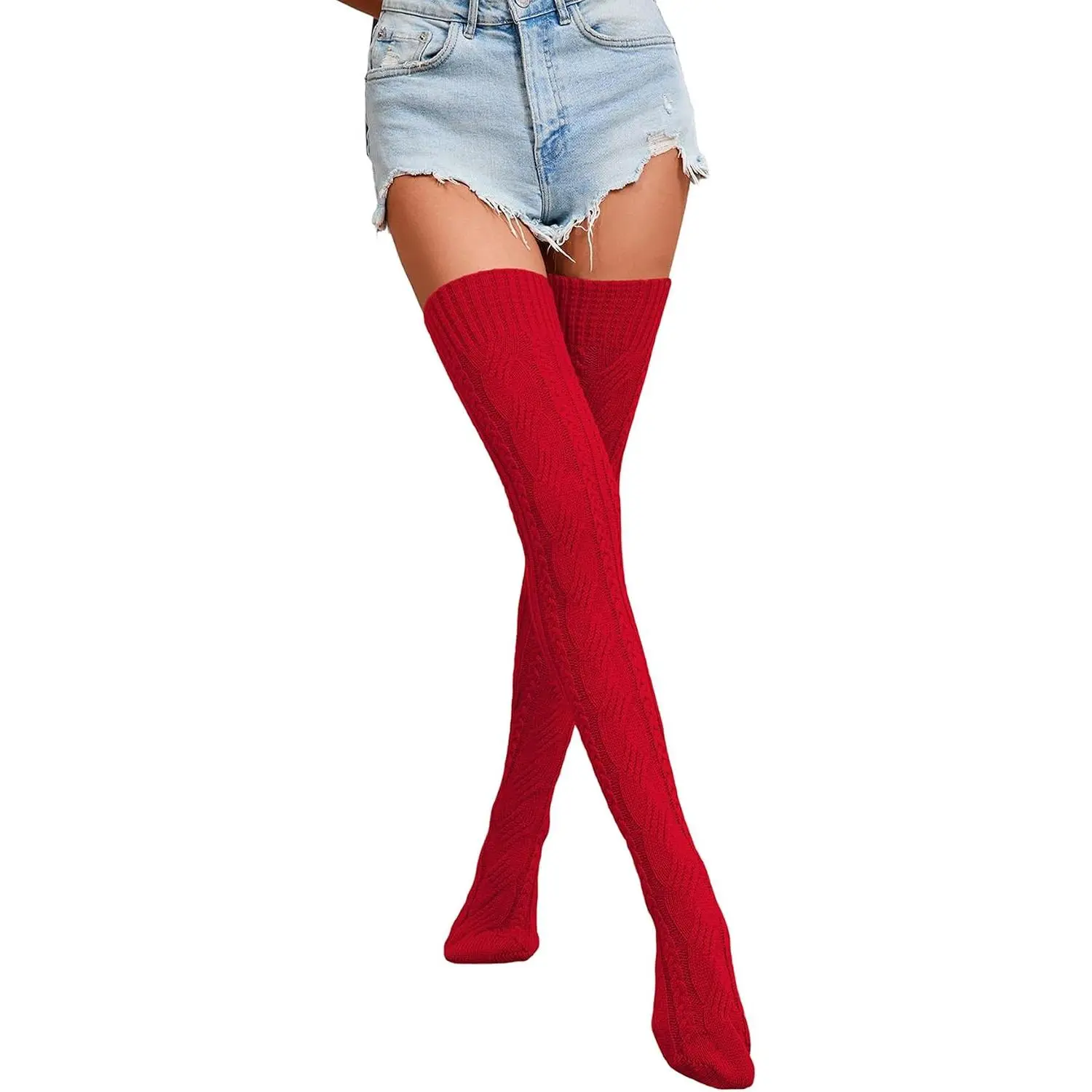 Women's Polyester Knitted Over-Knee Cable Socks, Extra-Long Winter Warm Thigh-High Leg Warmers for Sports & Outdoor Activities, Hand Wash Only