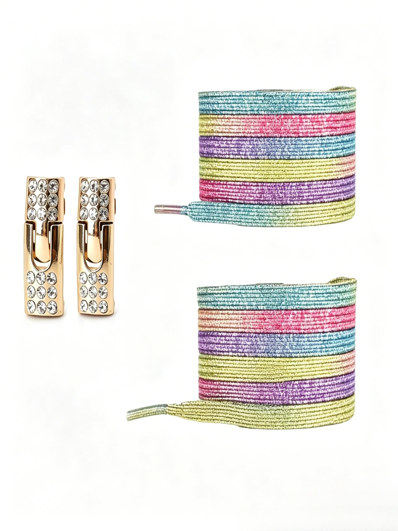 Diamond Buckle Shoe Laces, No-Remove Shoelaces, 2 Elastic Bands and 2 Buckles, Colorful Gradient Shoelaces for Casual and Sports Shoes, Stretchy Shoelaces