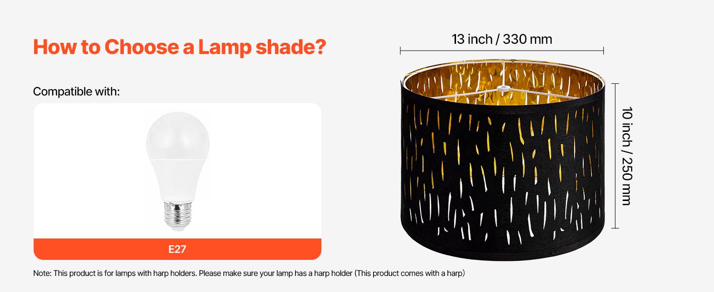 VEVOR Drum Lamp Shade 2 Set, 13 in Topx 13 in Bottomx 10 in High, Medium Drum Lampshade with Harp, Replacement Lamp Shade for Table Lamps Floor Lamps Pendant Lights, Black Hollow-carved Design