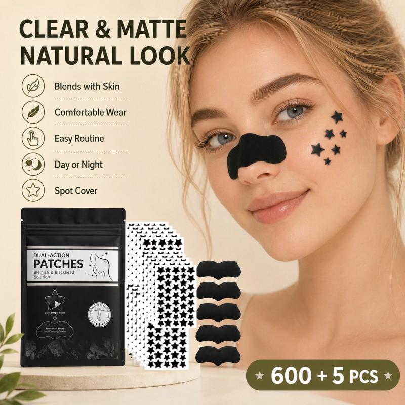 600+5Pcs Black and White Star Hydrocolloid Pimple Patches and Black Nose Strips, 2-in-1 Large Facial Blemish Cover Set for Halloween Parties, Music Festivals and Photo Styling, Acne Patches, Acne Patches For Face