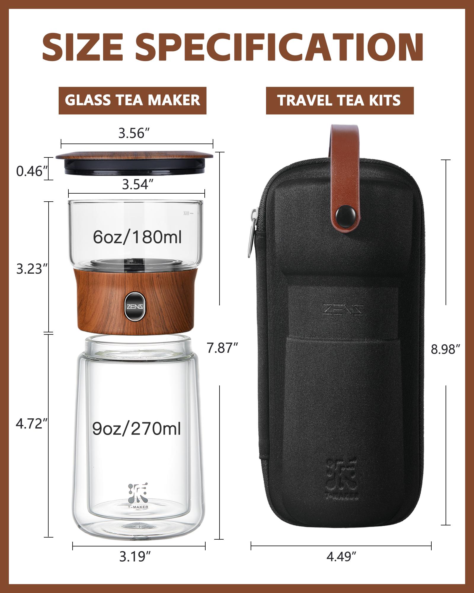 ZENS Modern Borosilicate Glass Teapot with One-Touch Infuser for Loose Leaf Tea Insulated Mug Portable Tea Kit for Office Travel Ideal Gift for Tea Lovers - Wooden