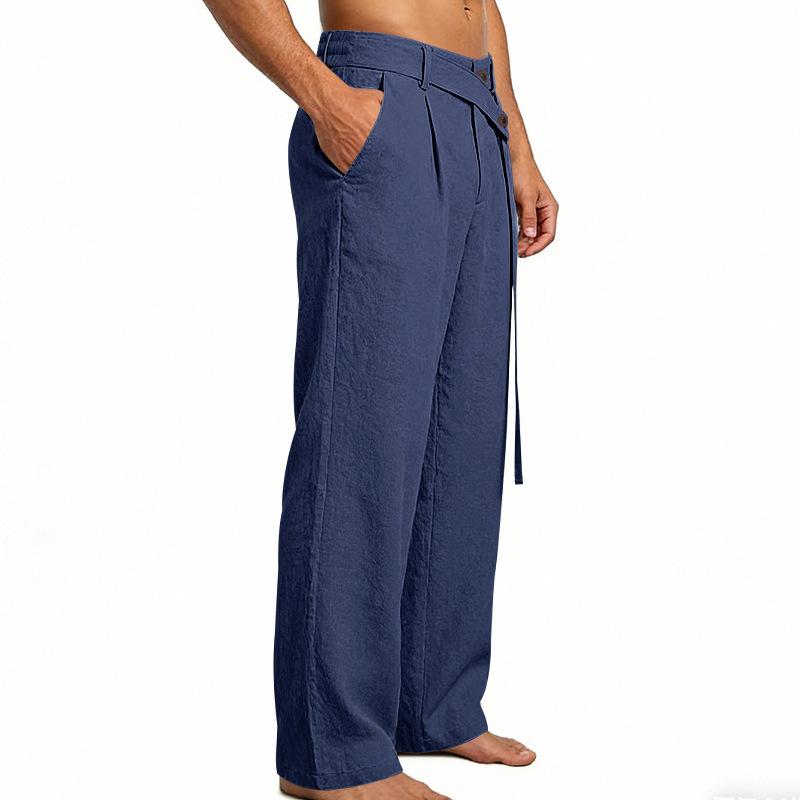 Men's 2026 Spring Summer Plain Linen-Cotton Fabric Wide Leg Trouser, Irregular Cross Buckle Waist, Loose Fit for Big-Tall Menswear, Ideal for Beach Vacation & Daily Commute (Polyester-Blended Option Available)