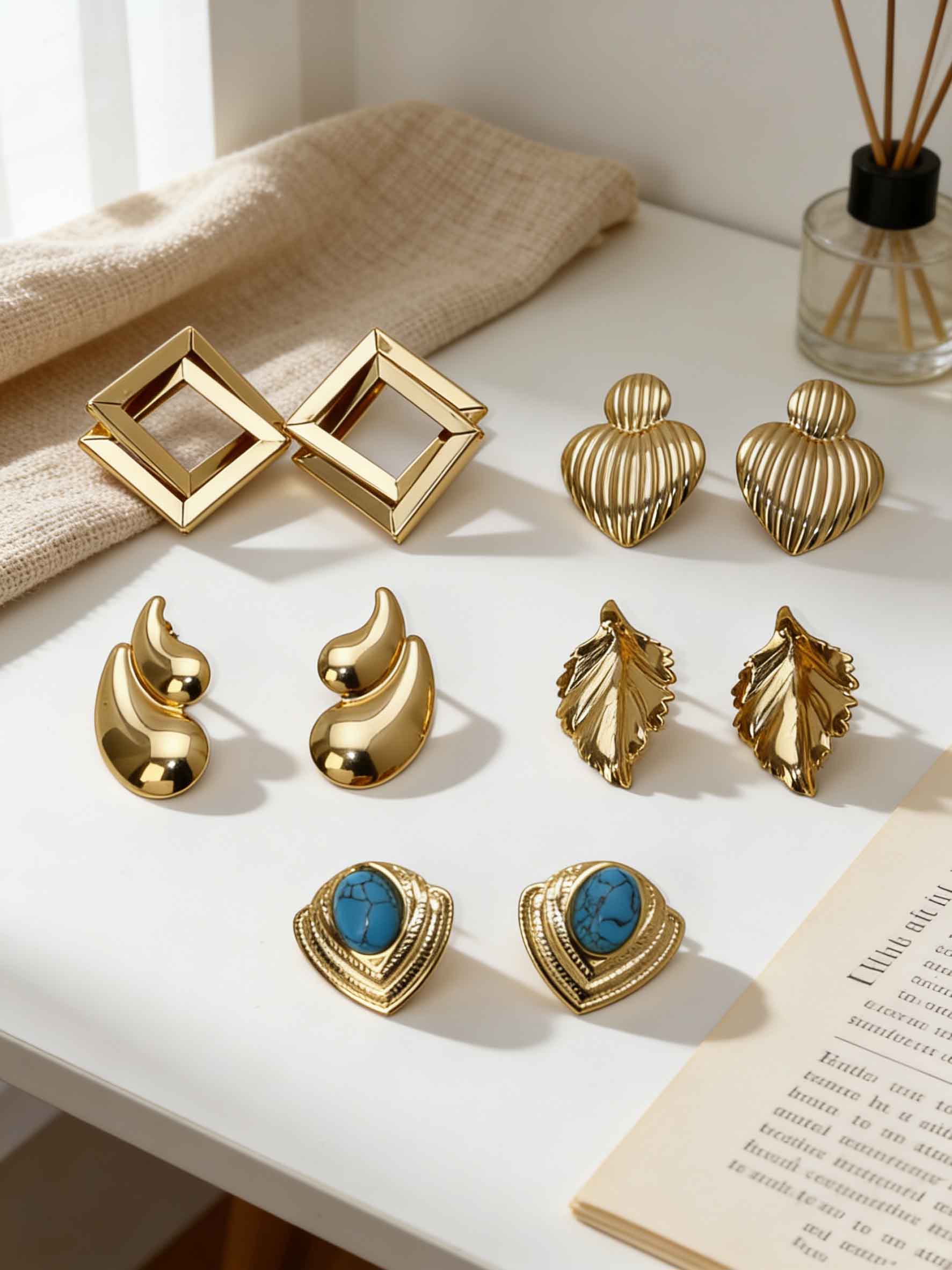 Vintage Gold Stud Earrings for Women 18K Gold Plated Turquoise Leaf Heart Square Geometric Chunky Earrings Hypoallergenic Stainless Steel Fashion Jewelry for Daily Wear Party Gift