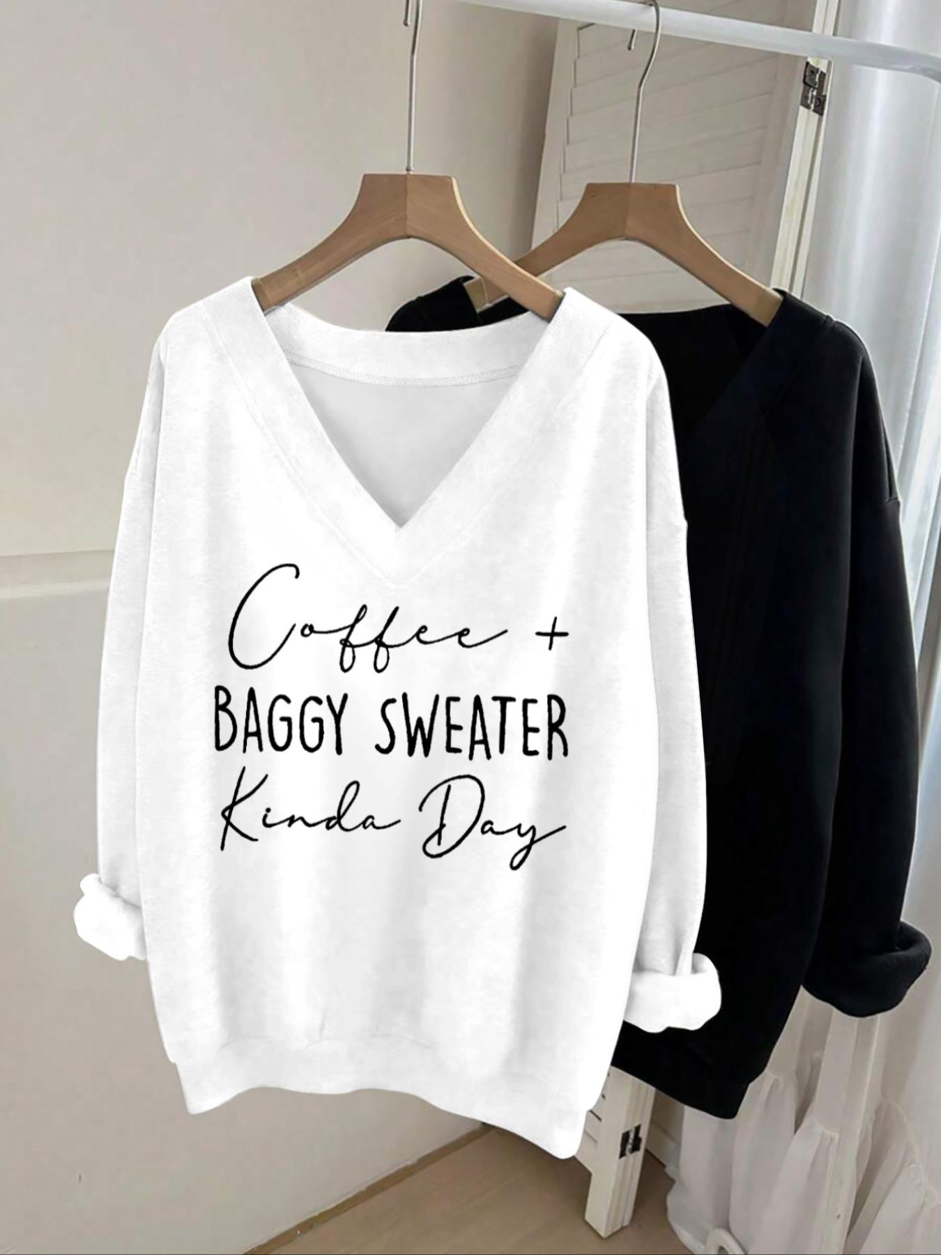 Casual Women's Long Sleeve V Neck Sweatshirt with Fun Letter Print, Elegant Ribbed Hem Fashion for All Seasons, Perfect for Fall and Winter, Lady Womenswear