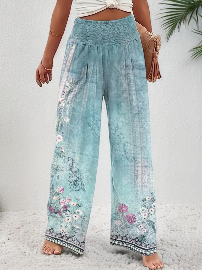 Women's Patchwork Print Elastic Waist Wide Leg Pants, Boho Casual Trousers for Beach Vacation Holiday, Ladies Bottoms for All Seasons