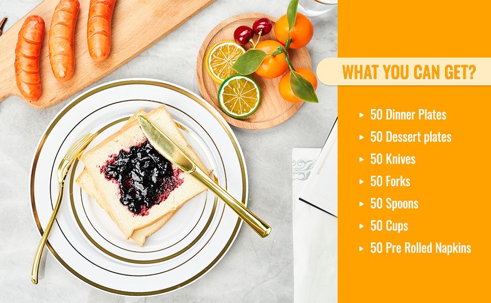 Kerilyn 350/700 Pcs Plastic Plates Disposable Silverware and cups, Disposable Party Plates for 50 Guests, Include: 100 Plastic Plates, 50 Pre Rolled Napkins with Gold Silverware, 50 Cups