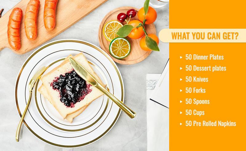 Kerilyn 350/700 Pcs Plastic Plates Disposable Silverware and cups, Disposable Party Plates for 50 Guests, Include: 100 Plastic Plates, 50 Pre Rolled Napkins with Gold Silverware, 50 Cups
