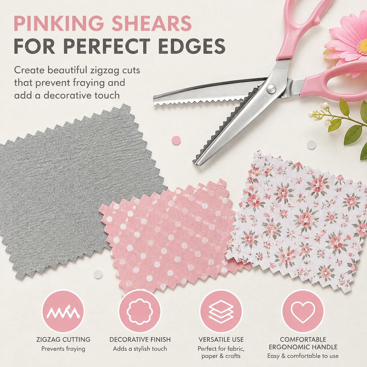 Premium Stainless Steel Zigzag Scissors with Precision Serrated Blades for Clean Cutting of Lace, Fabric, and Craft Materials — Ideal for Dressmaking, Tailoring, Sewing Projects, and DIY Handicrafts — Ergonomic Design, Rust-Resistant, Long-Lasting Sharpne