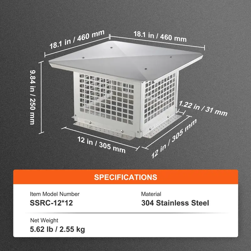 【toolupgrade】VEVOR Chimney Cap, 12x 12 inch, 304 Stainless Steel Fireplace Chimney Cover, Not Easily Toppled Practical Accessories Easy Installation, Fits Mesh Flue Covers Outside Clay Flue Shingles, Silver