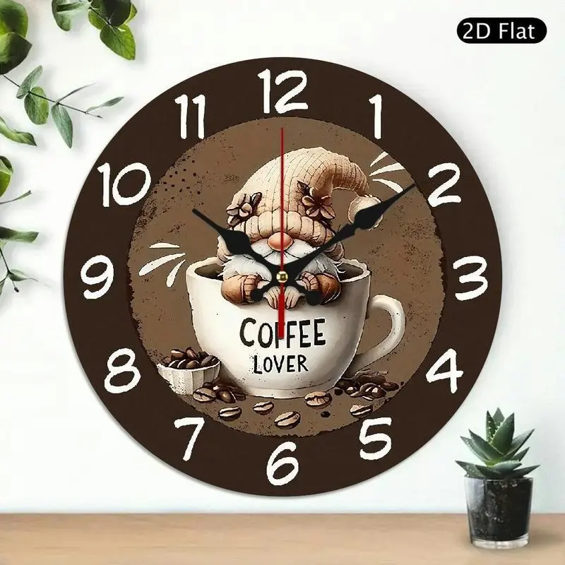 Retro Coffee Lover Gnome Wall Clock - 1 piece, silent, no ticking sound, round acrylic clock, decorated with whimsical gnomes holding cups and coffee bean patterns, suitable for living room, Halloween, New Year decorations (AA batteries not included), off