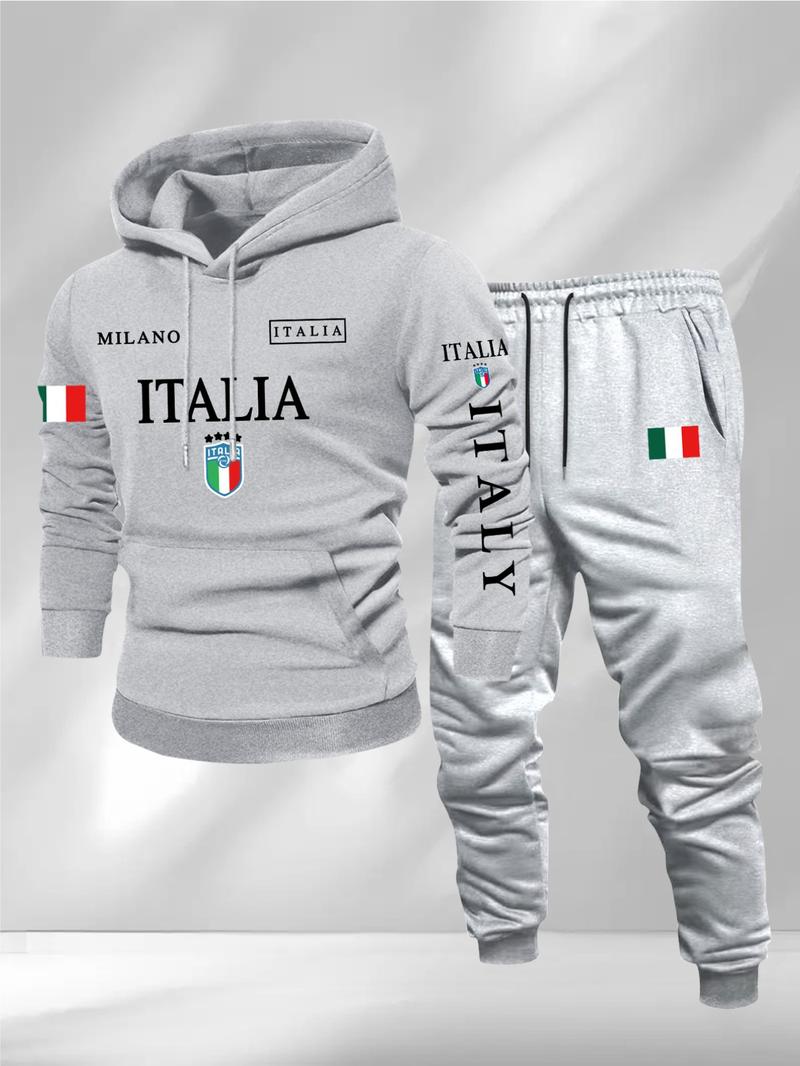 Men's Letter Print Casual Sportswear Set, Hooded Sweatshirt & Drawstring Pants, Fall Winter Comfortable, 2 Piece Set, Sweatsuit Set Outfit