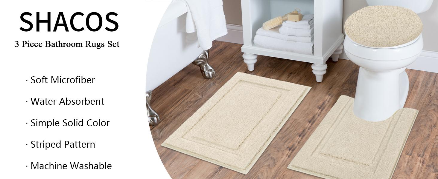 Light Beige Microfiber Bath Rugs Set of 3 - Non-Slip, Washable, Absorbent - 16"x24" Mat, 20"x24" U-Shape Rug, 19"x21" Lid Cover - Ideal for Bathrooms, Shower, Laundry, Everyday Use, Great Gift, Machine-Washable, Water Absorbent