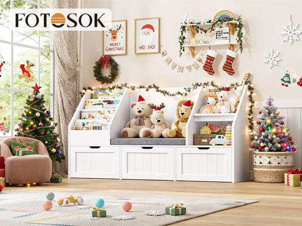 FOTOSOK 55.1'' Kids Bookshelf with Reading Nook, Toy Storage Organizer with Seat Cushion and 3 Movable Drawers, Kids Reading Nook Toy Organizers and Storage with Bench for Playroom